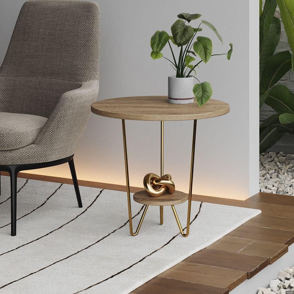 Mesa Lateral Redonda Industrial Italy Ferro Dourado E Tampo Freijó