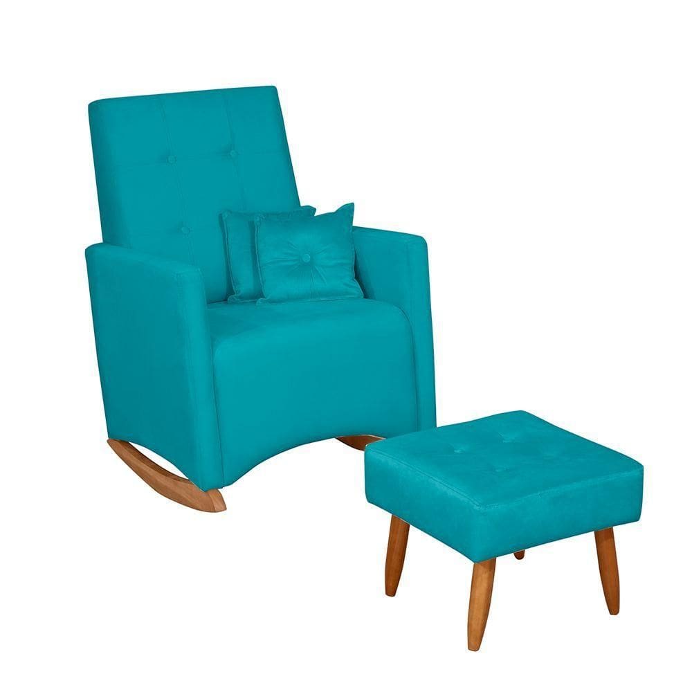 Poltrona Sofá De Amamentação E Balanço Ana C/ Puff Veludo Azul Turquesa