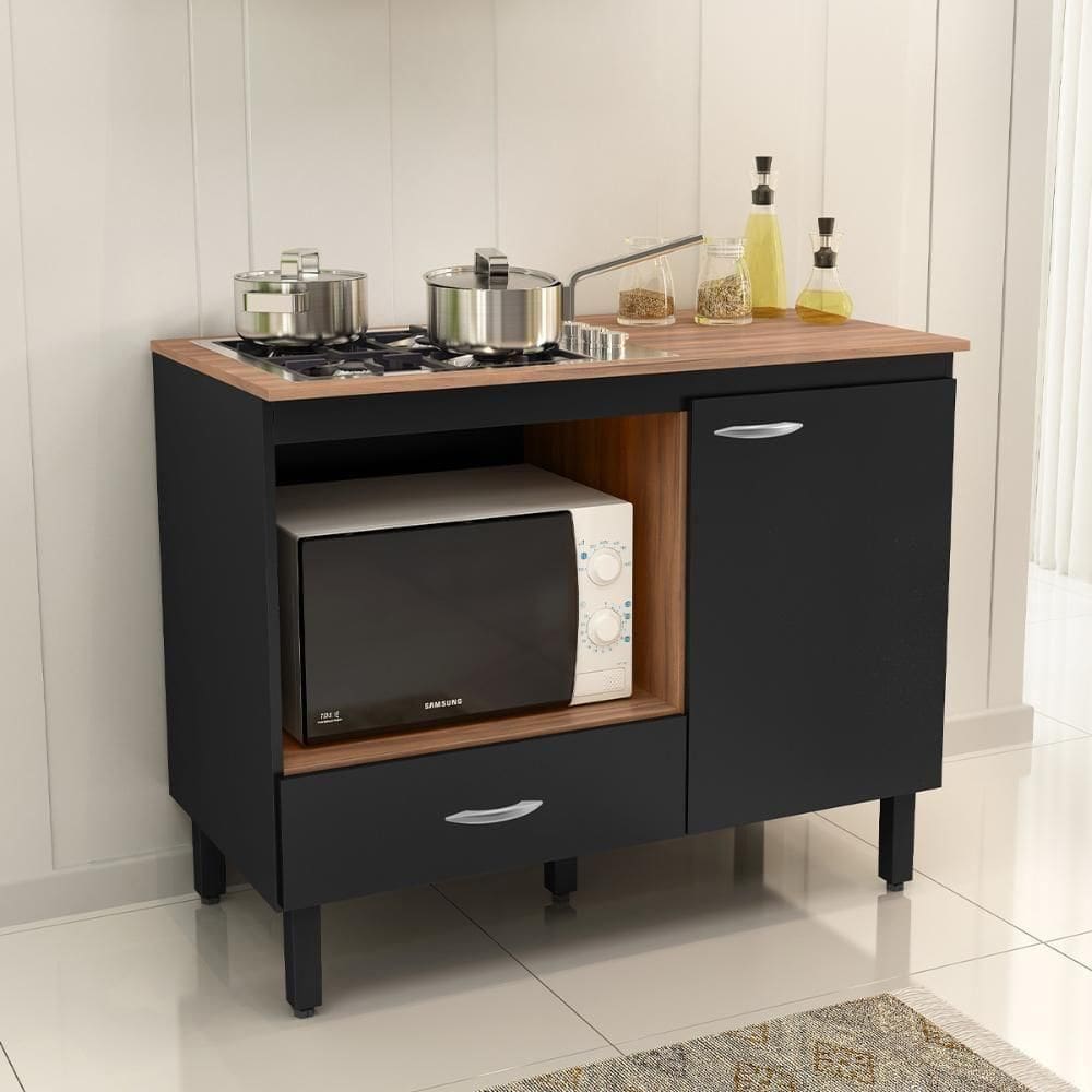 Balcão Cozinha Cooktop Blane 105cm 1 Porta Preto/freijo