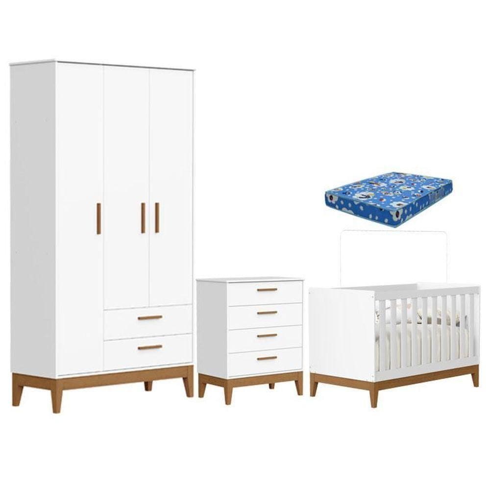 Quarto De Bebê Flip Com Cômoda Gaveteiro Branco Acetinado Com Colchão Ortobom – Reller