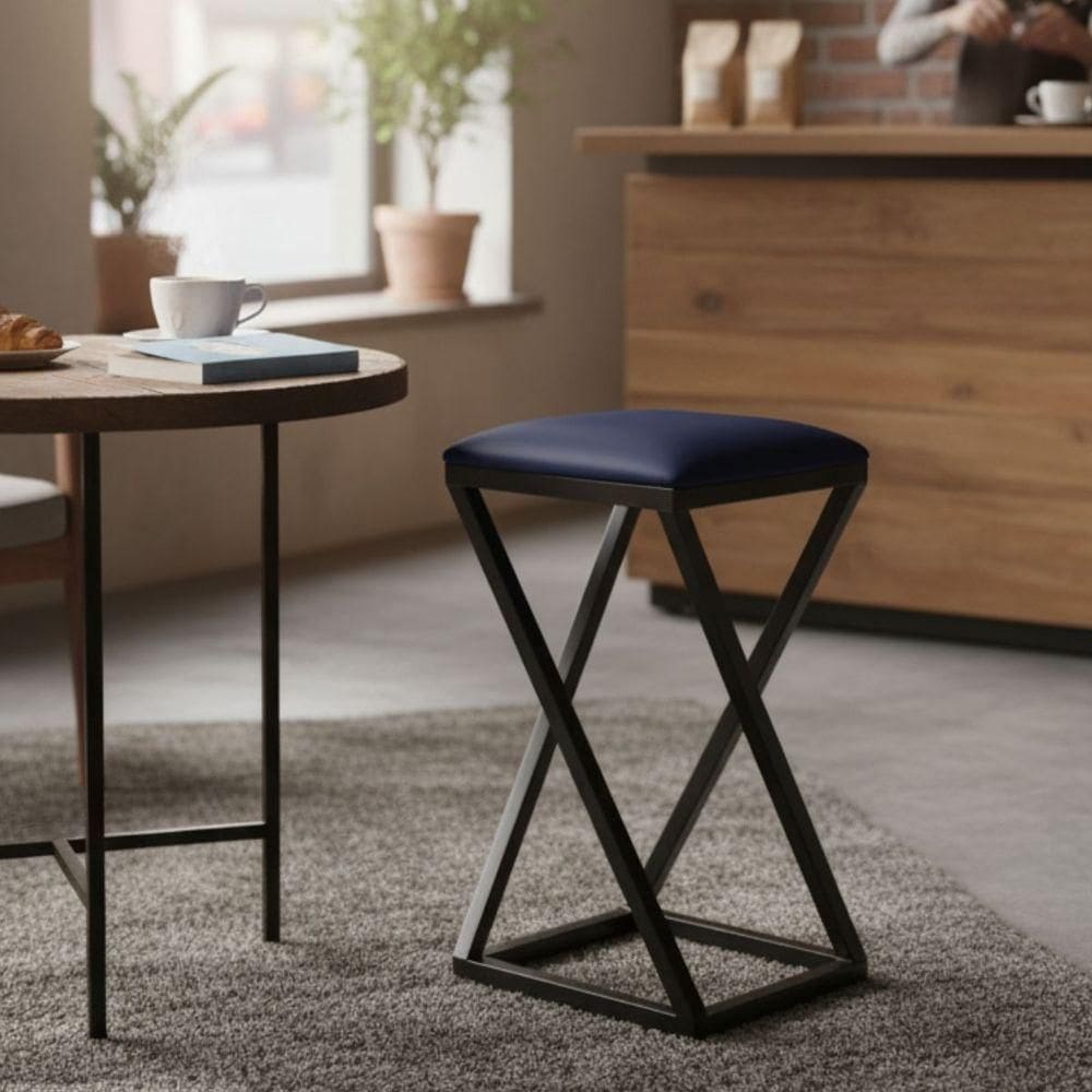 Banqueta Industrial Baixa Assento Estofado Corino Luxo Azul