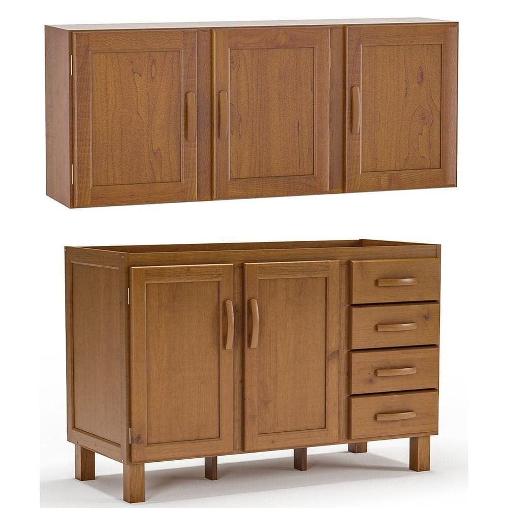 Kit Balcão E Armário Aéreo 120 Cm 100% Madeira Maciça Jersey Imbuia Fosco