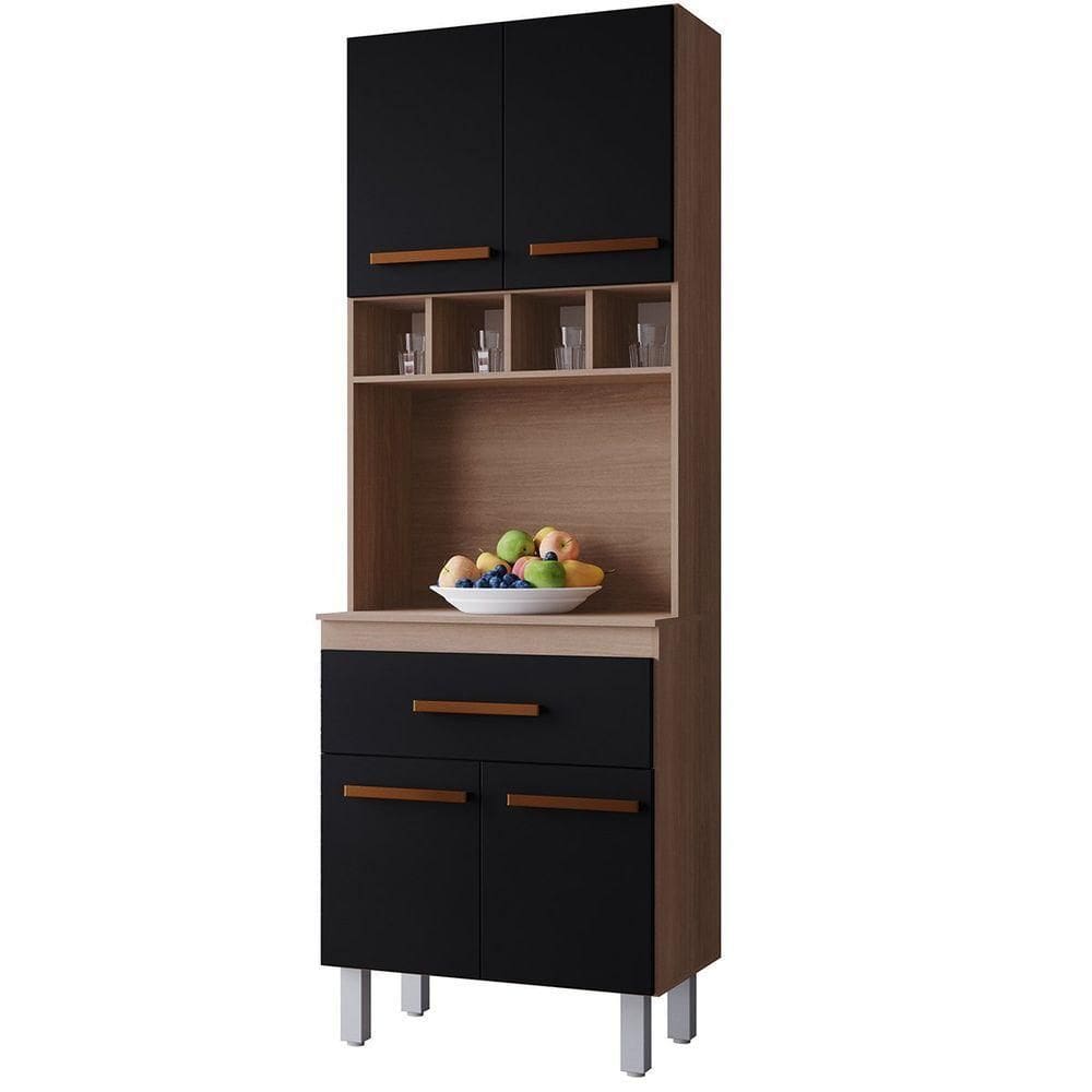 Paneleiro Alto Com Nicho 4 Portas 1 Gaveta Vitorina Savana / Preto