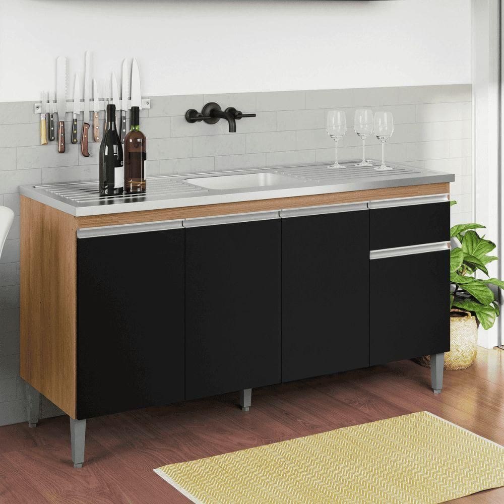 Balcão Gabinete De Pia Para Cozinha Sem Tampo 150cm Tatiane Amêndoa/preto- Mabe Magazine