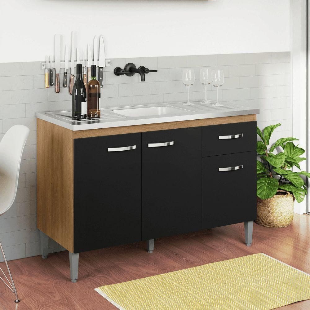 Balcão Gabinete De Pia Cozinha Multiuso 120cm Sem Tampo Gabriela Amêndoa/preto- Mabe Magazine