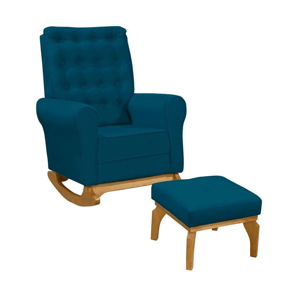Poltrona De Amamentação E Balanço Páris C/ Puff Veludo Azul