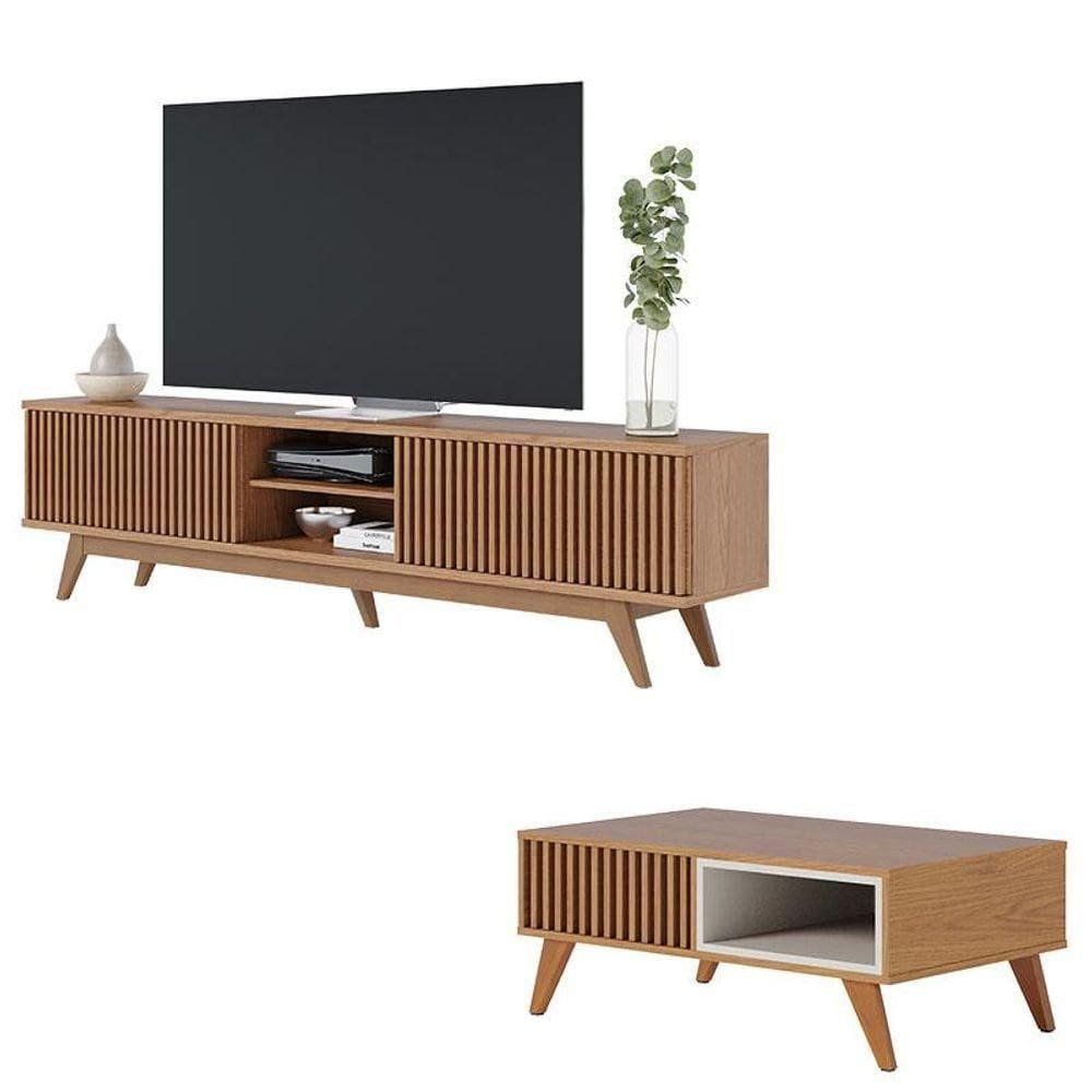 Rack Bancada Fortaleza Freijó Com Mesa De Centro Jeri Freijó Off White- Colibri