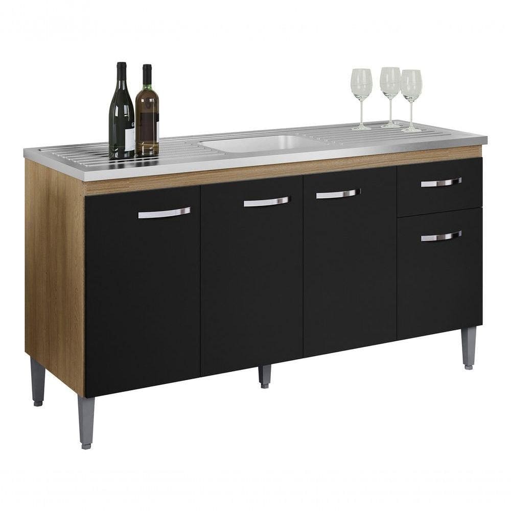 Balcão Gabinete Multiuso Gabriela S/tampo 150cm Amêndoa/preto Cor Amêndoa/preto