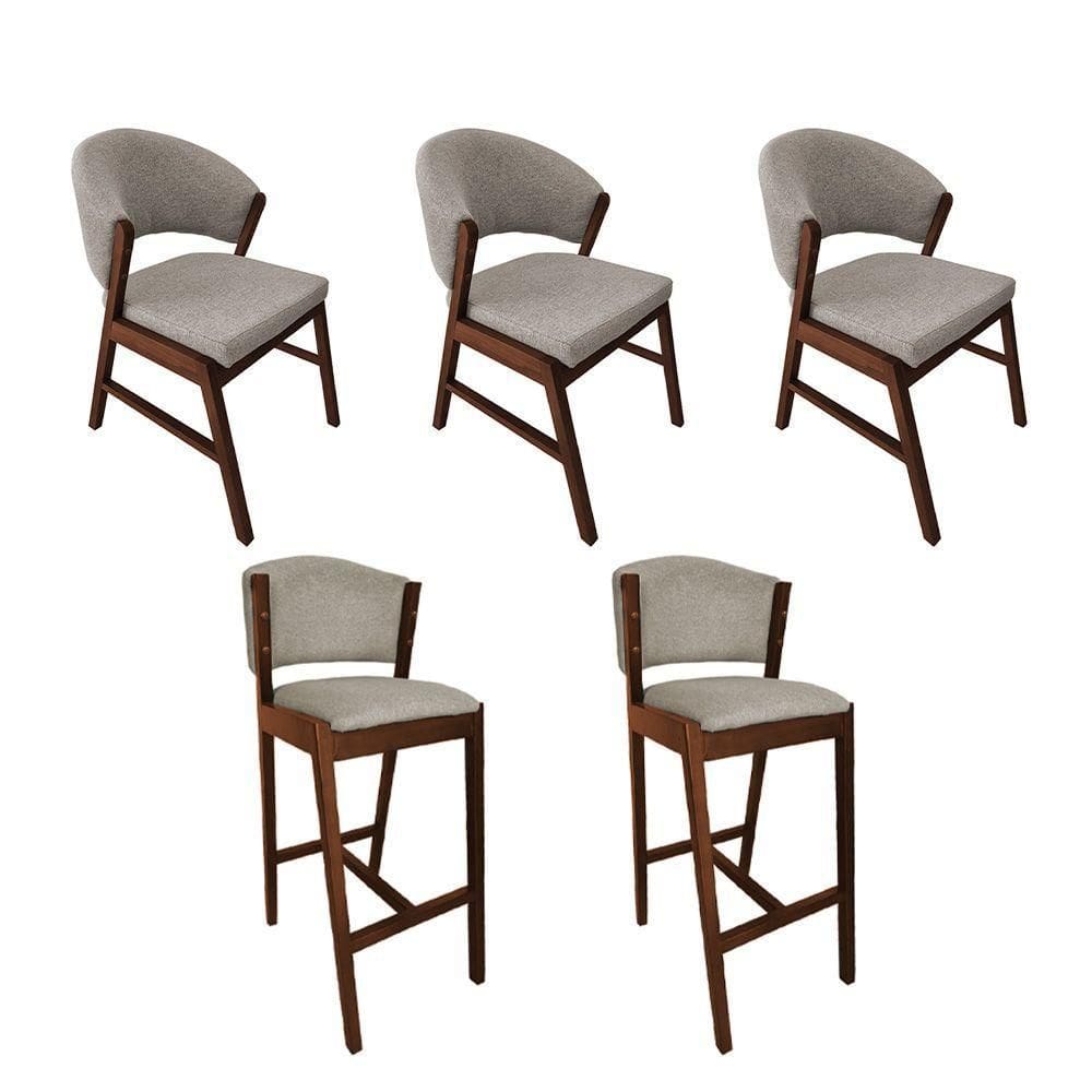 Kit 3 Cadeiras De Jantar Debora Com 2 Banquetas Ana Madeira Maciça Premium Linho Bege