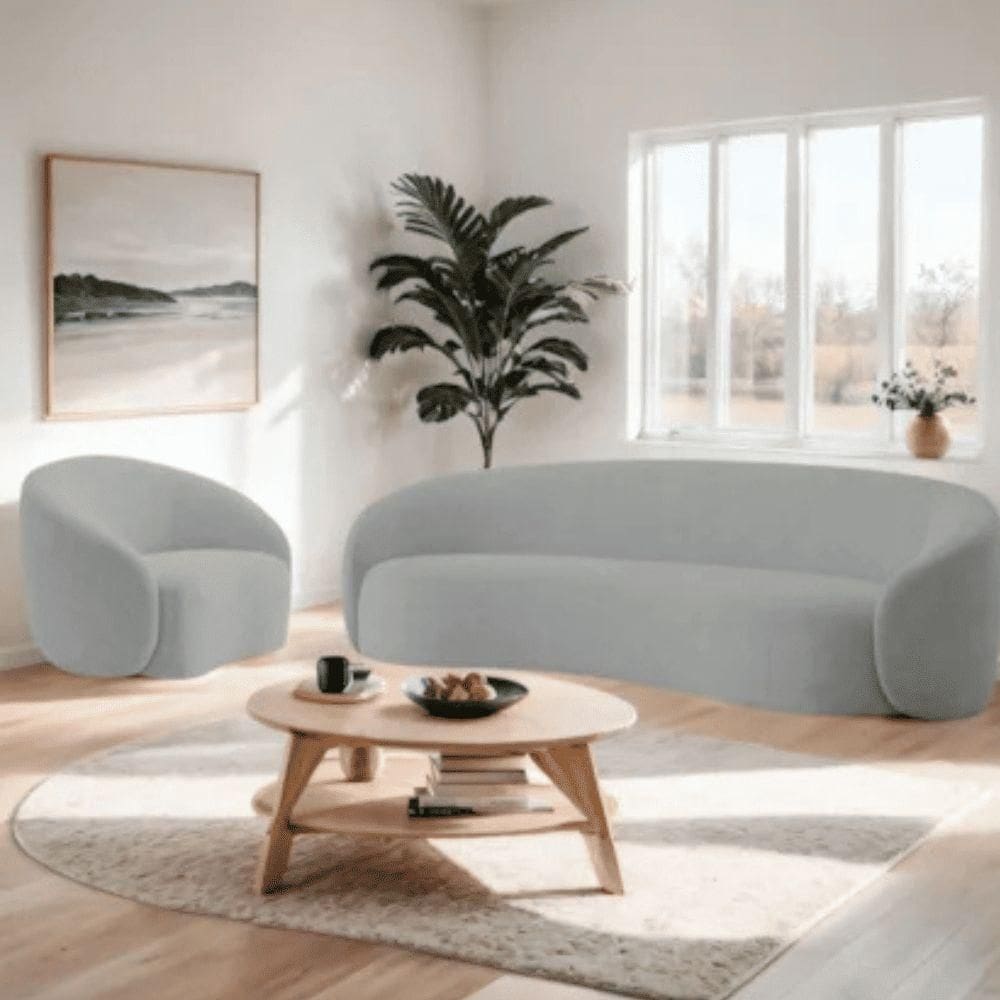 Kit Sofá 3 Lugares 200cm E Poltrona Orgânico Luxo Recepção Sala De Estar E Tv Amore Bouclé Cinza- Mabe Magazine