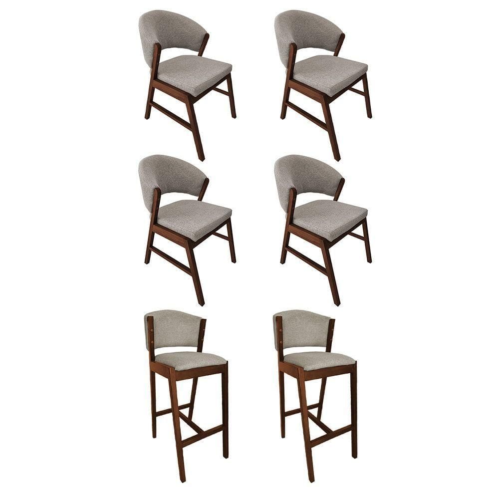 Kit 4 Cadeiras De Jantar Debora Com 2 Banquetas Ana Madeira Maciça Premium Linho Bege