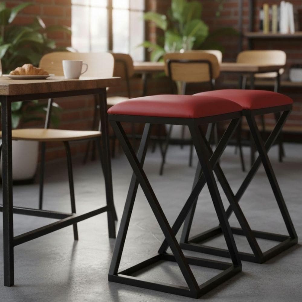 Conjunto 2 Banquetas Banco Estofada E Ferro Vermelho