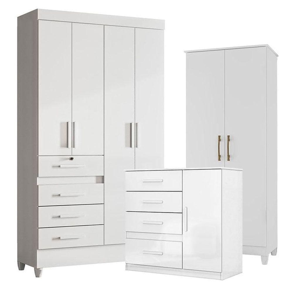 Guarda Roupa Infantil Sobral Com Cômoda Vênus E Armário Multiuso Jade Branco Brilho - Moval