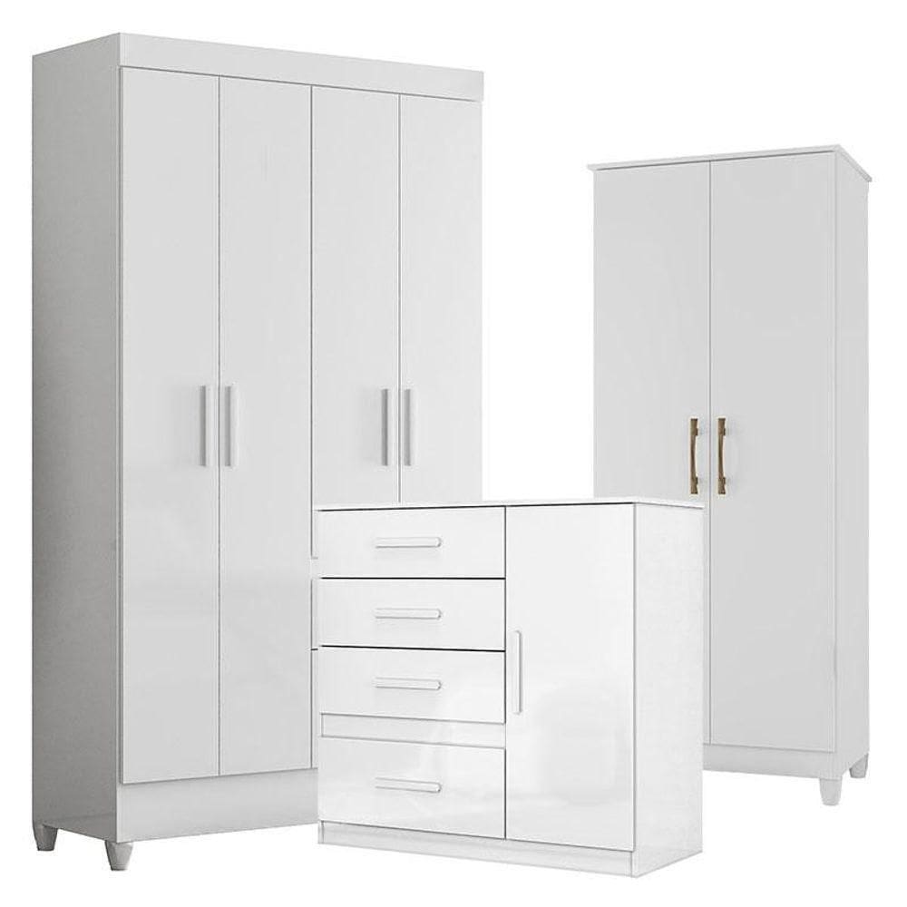 Guarda Roupa Infantil Madri Com Cômoda Vênus E Armário Multiuso Jade Branco Brilho - Moval