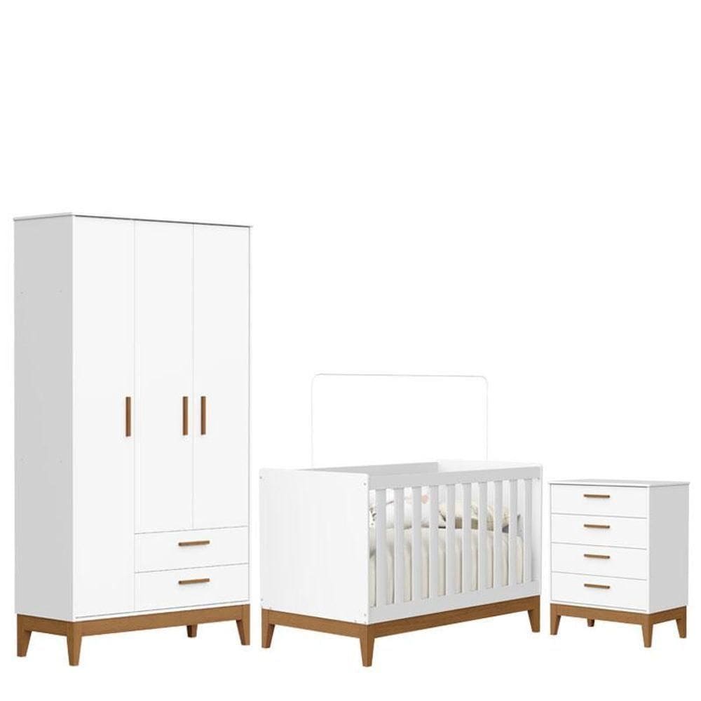Quarto De Bebê Flip Com Cômoda Gaveteiro Branco Acetinado Com Berço Americano - Reller