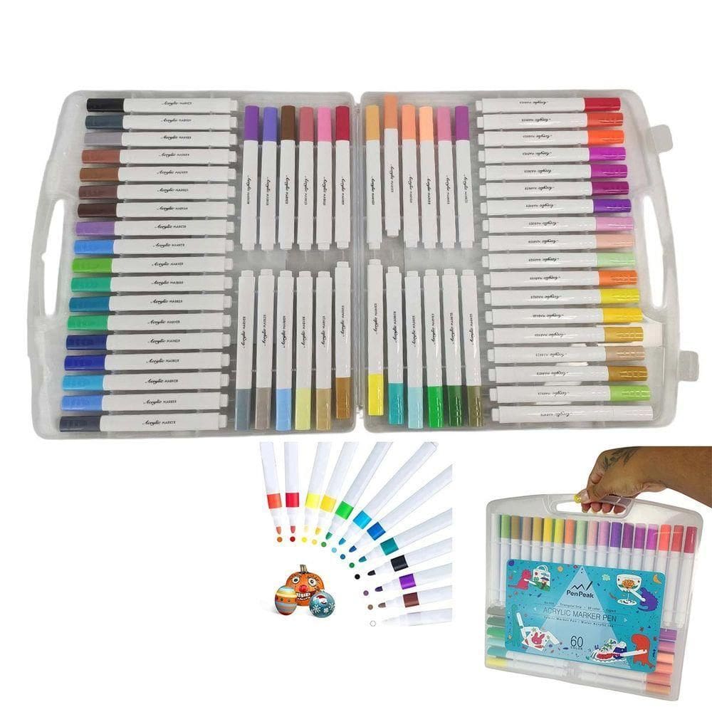 Canetinha Caneta 60 Cores Marcador Tinta Acrilica Permanente Prova Dagua Pintura Escultura Artesanato Estojo Maleta