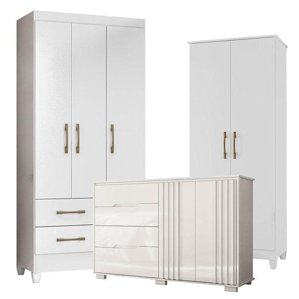 Guarda Roupa Infantil Lima Com Cômoda Texas E Armário Multiuso Jade Branco Brilho - Moval