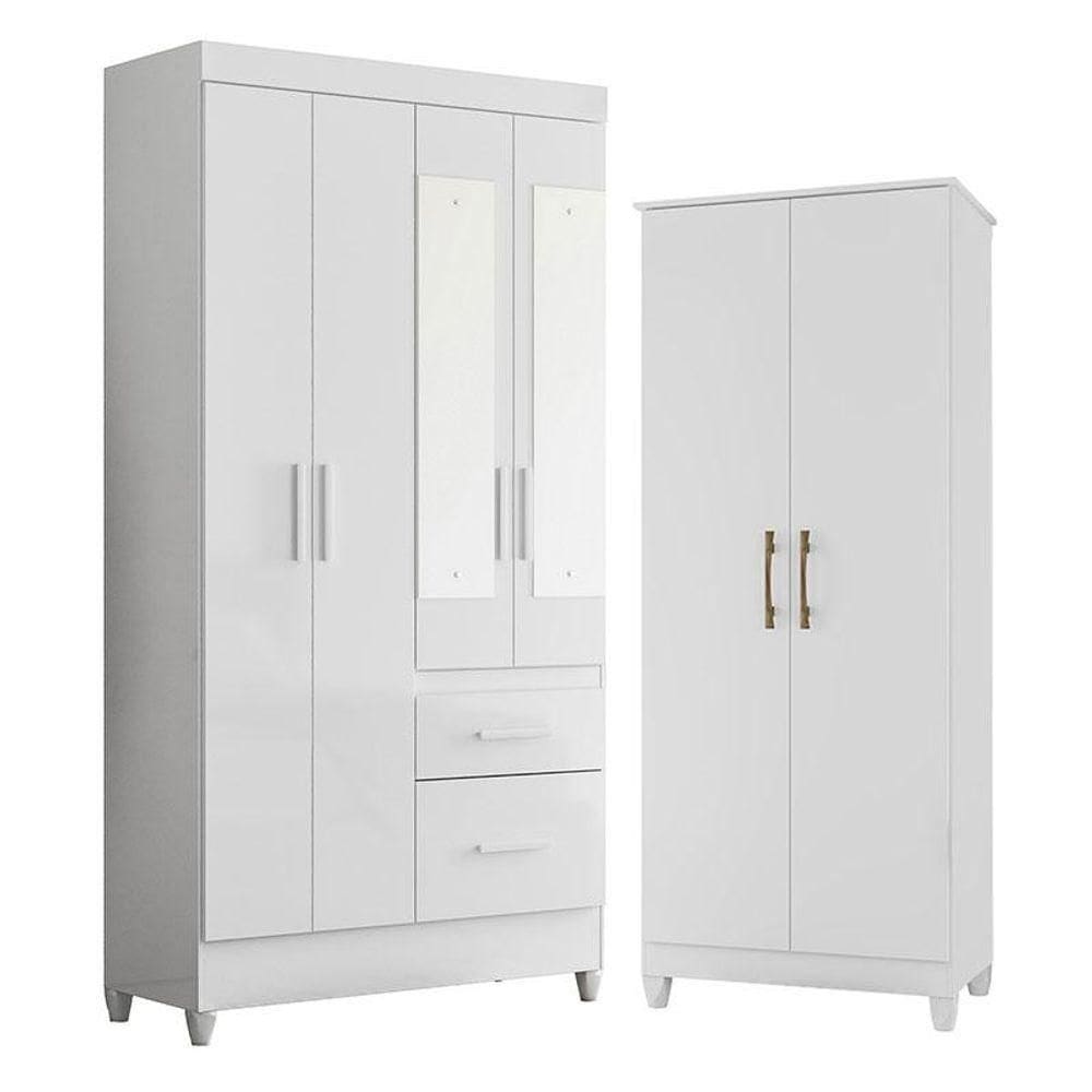 Guarda Roupa Solteiro Madri Com Espelho E Armário Multiuso Jade Branco Brilho - Moval