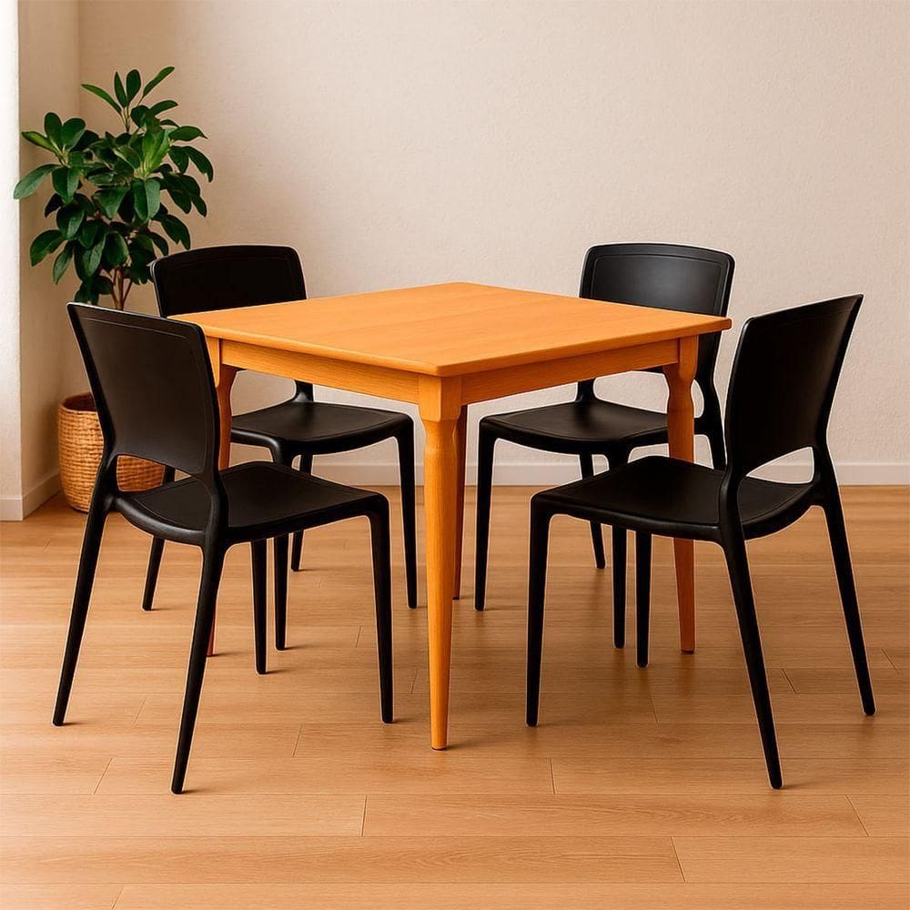 Kit 4 Cadeiras Tramontina Sofia Preta E Mesa De Madeira 80cm Natural