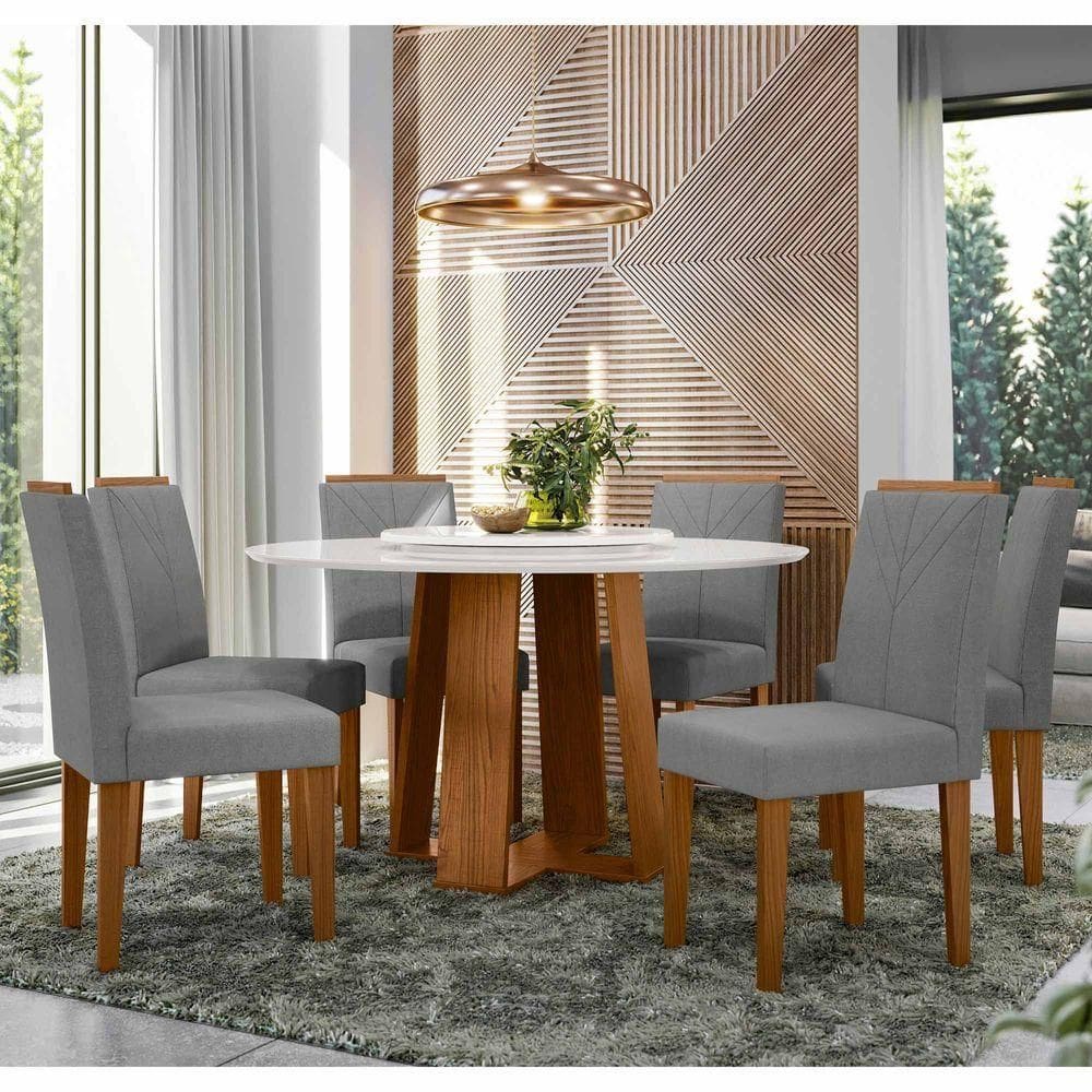 Conjunto Sala De Jantar Mesa Isabela 1,35m Com Tampo Giratório E 6 Cadeiras Amanda Ypê/off White/ln02 - New Ceval