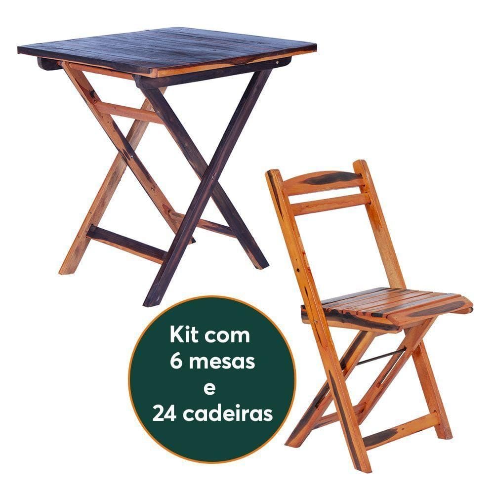 Conjunto 6 Mesas Dobráveis Com 24 Cadeiras 100% Madeira Maciça Ypê Cerejeira