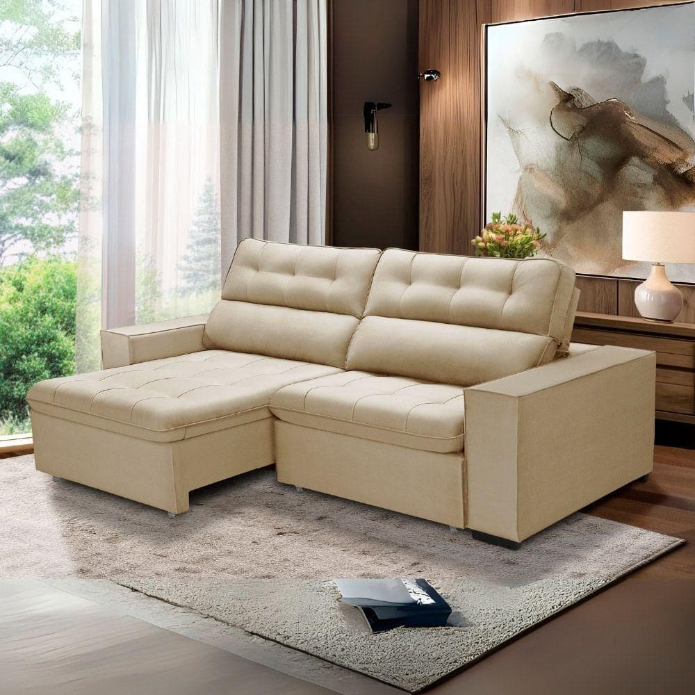 Sofa Retratil Reclinavel 2 Lugares 2,50 Vitória Veludo Bege Lansofbr