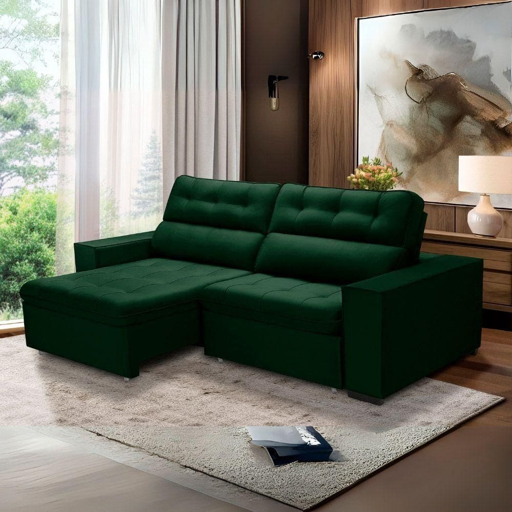 Sofa Retratil Reclinavel 2 Lugares 2,40 Vitória Veludo Verde Lansofbr
