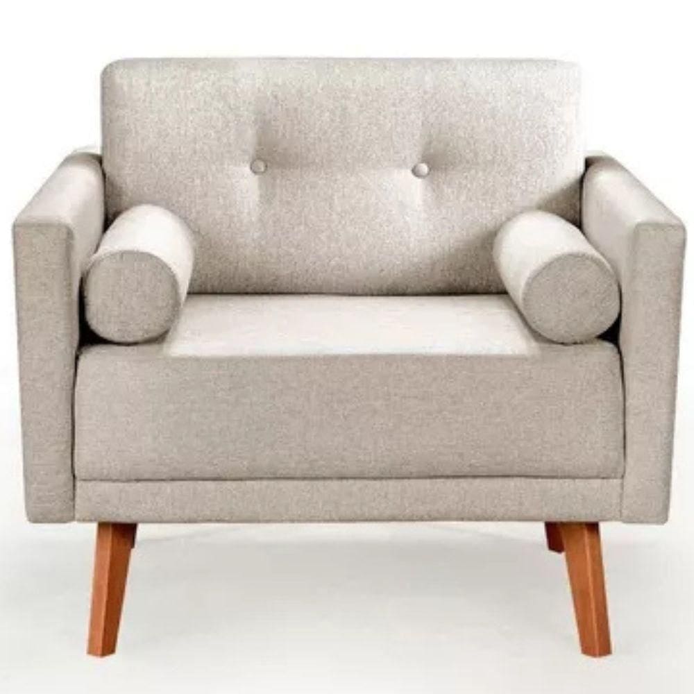 Poltrona Decorativa Luma Linho Bege Com Pés Em Madeira