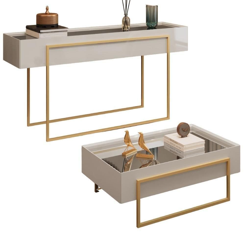 Aparador E Mesa Centro Kika Pes Metal Bali Dourado Dj Moveis