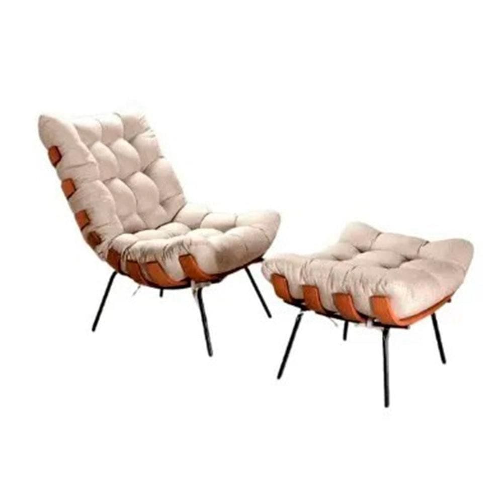 Conjunto Poltrona E Puff Costela Tecido Linho Bege