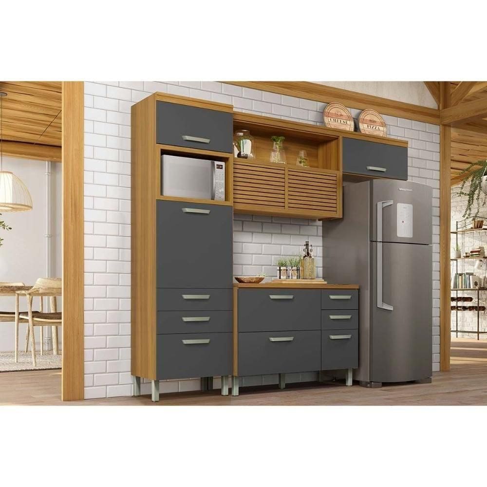 Cozinha Modulada Completa Princesa 3 Peças (1aéreo+1balcão+1paneleiro) C3p20 Freijo-grafite - Nesher