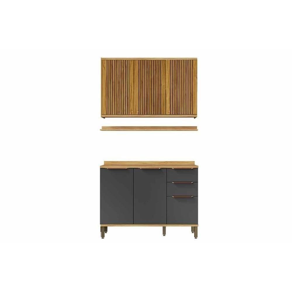 Kit Cozinha Modulada 3 Peças Sauvignon (1aéreo+1balcão+1complemento) C3p47 Amendoa-grafite - Ronipa