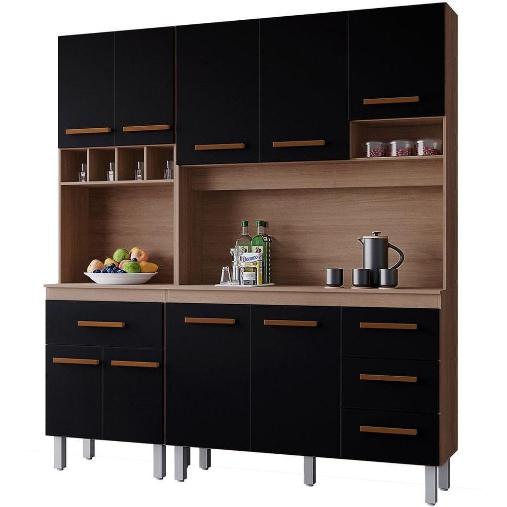 Kit De Cozinha 9 Portas 4 Gavetas Com Nicho Vitorina Savana / Preto