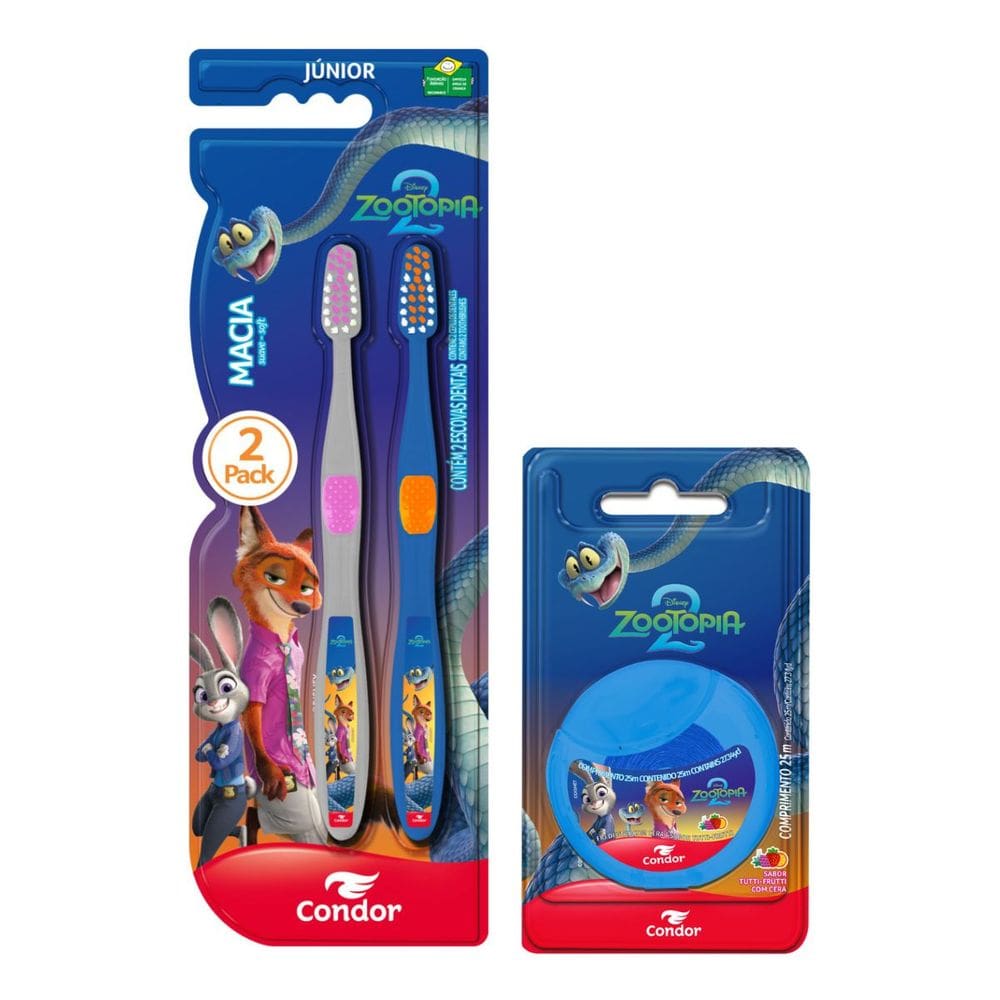 Kit Escova Dental Infantil Macia 2 Unidades + Fio Dental com Cera Tutti-Frutti 25m Zootopia 2 Condor
