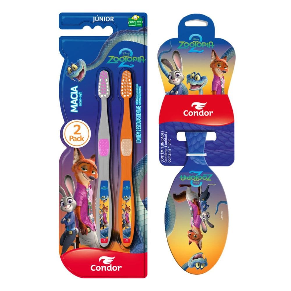 Kit Escova para Cabelo Oval + Escova Dental Infantil Macia 2 Unid Zootopia 2 Condor