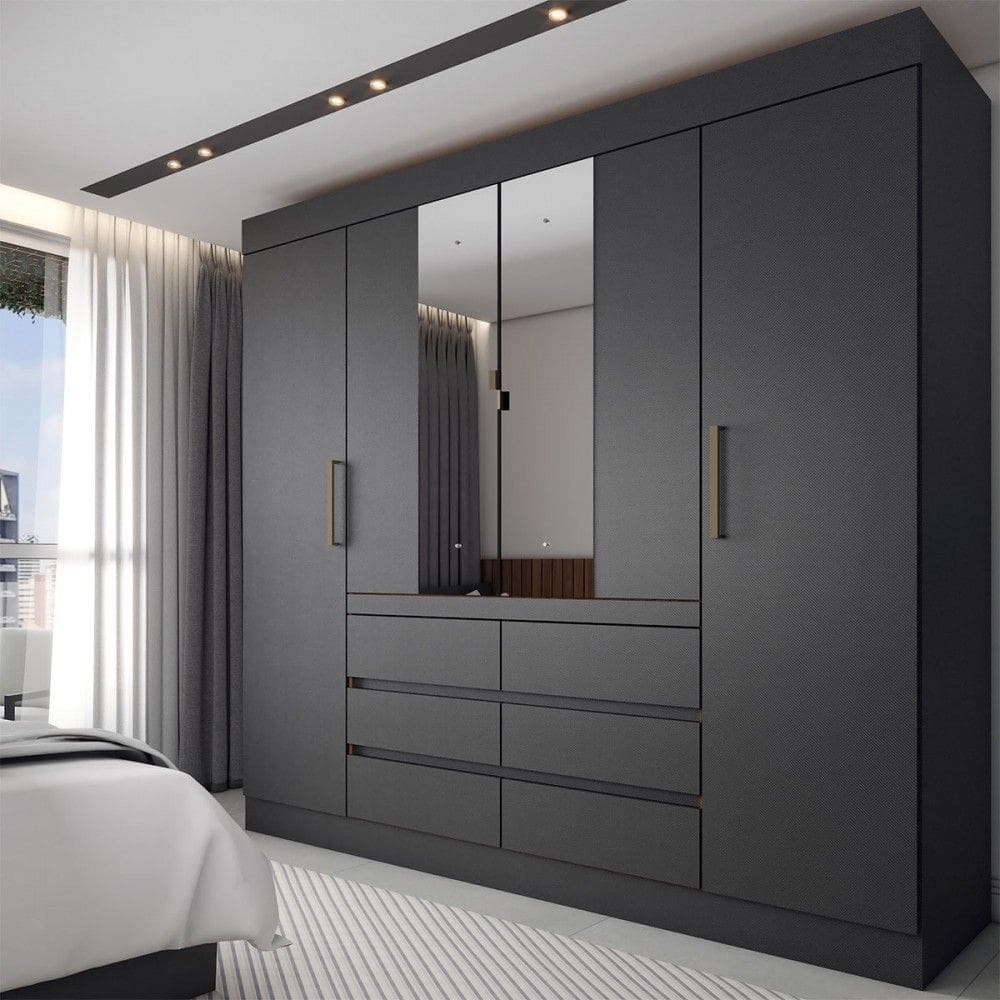 Guarda-Roupa Casal Marrom 4 Portas 6 Gavetas com Espelho Preto/Amêndola - Panorama Móveis