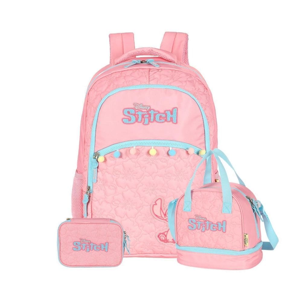 Kit Mochila Stitch De Costas Lancheira E Estojo Box Passeio