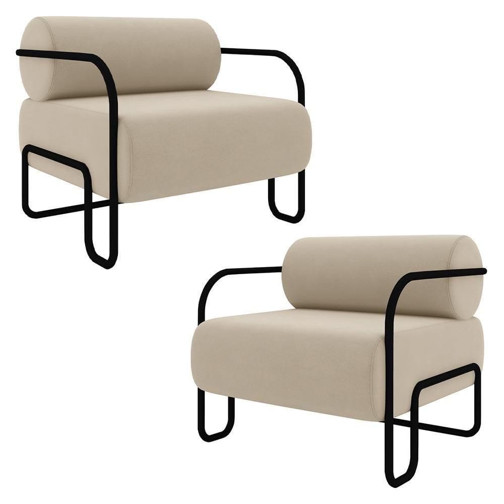 Poltrona Decorativa Para Sala Industrial Kit 2 Kira Z08 Veludo Bege - Mpozenato