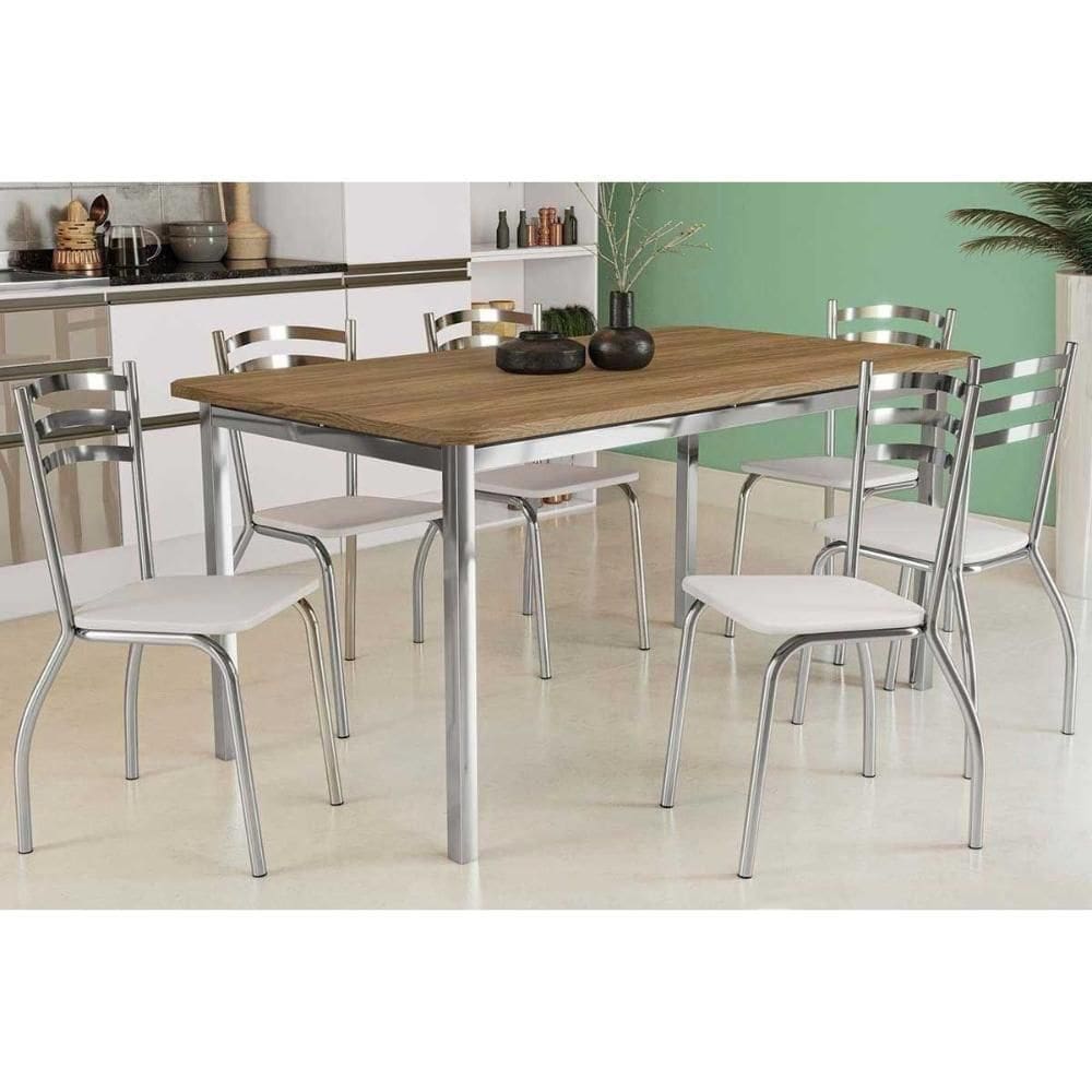 Conjunto Mesa Sala Jantar Reno Com Tampo Madeira 160cm E 6 Cadeiras Portugal Cromada Branco 106 Kappesberg