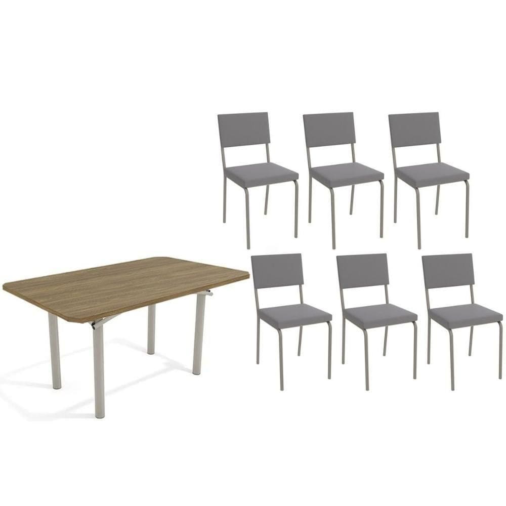 Conjunto: Mesa De Cozinha Elba C- Tampo De Madeira 160cm E 6 Cadeiras Zaria Niquel-nogueira - Suede Cinza - Kappesberg