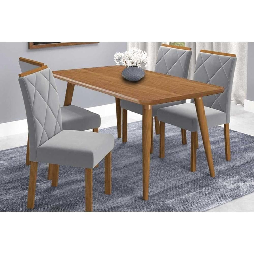 Conjunto: Mesa De Cozinha Adele Tampo Madeirado 130x80cm E 4 Cadeiras Fernanda Carvalho-cinamomo - Linho Grafite - Cimol