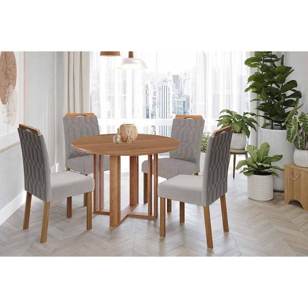 Conjunto: Mesa De Cozinha Flora Tampo Madeirado 109cm E 4 Cadeiras Paola Cinamomo - Carvalho-linho Grafite - Cimol