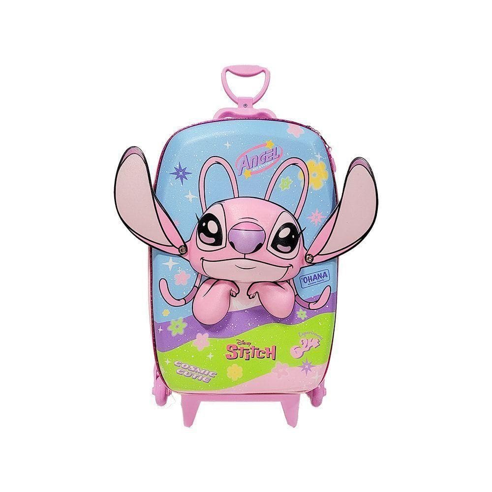 Mala Infantil Escolar Menina Mochila Angel Stitch 3d Rodinhas Triplas Puxador Retrátil Azul Bebê