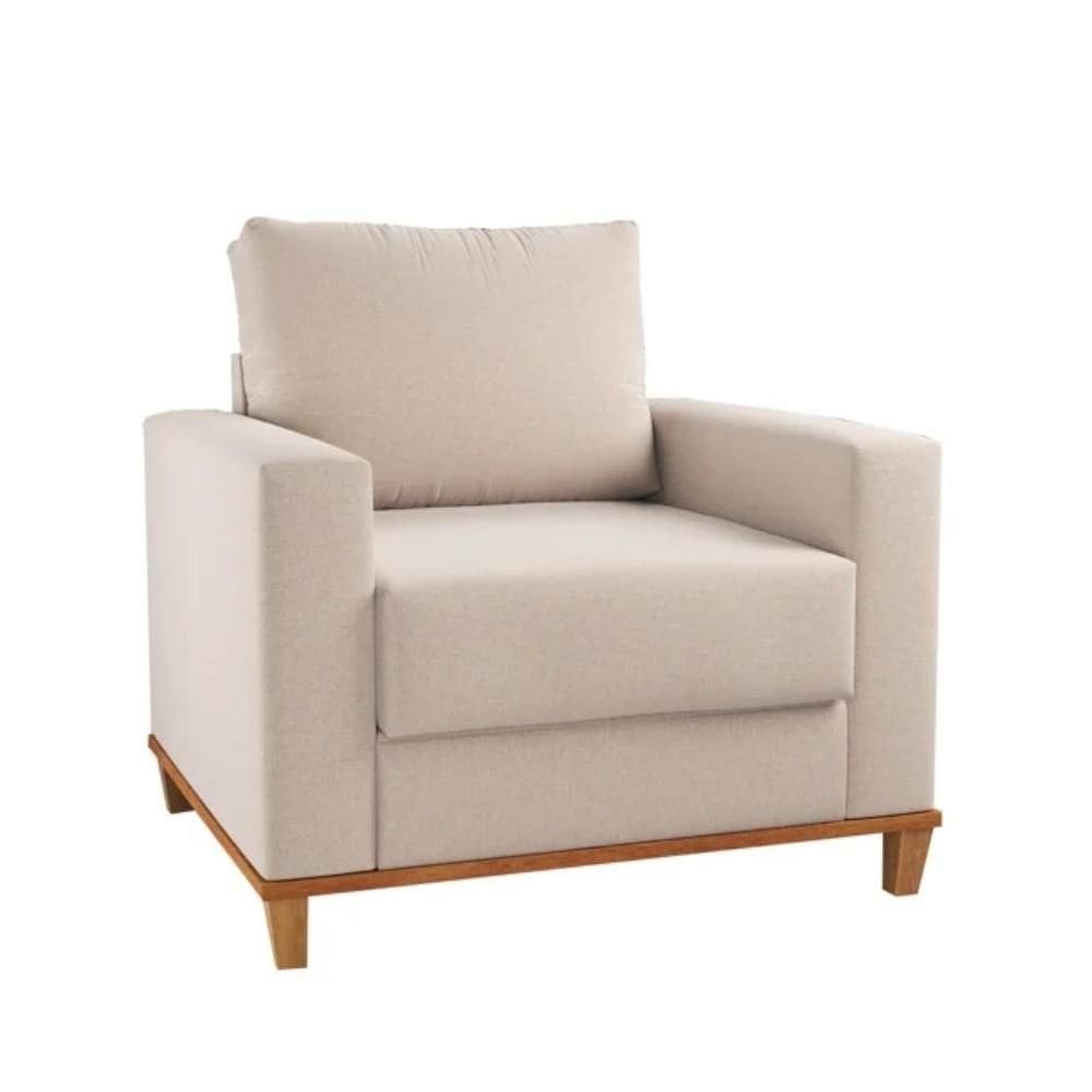 Poltrona Prada Base De Madeira Linho Bege