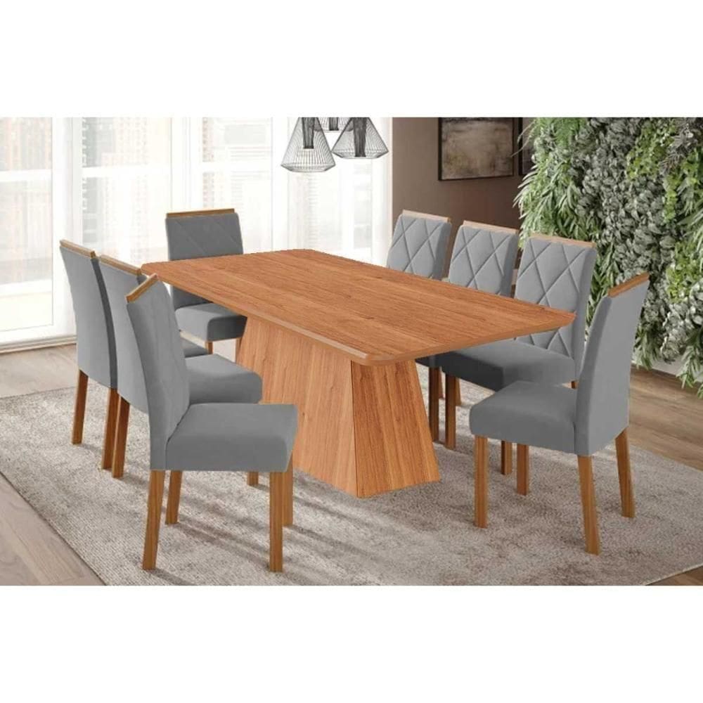 Sala De Jantar Completa Helena Tampo Madeirado 210x100cm E 8 Cadeiras Fernanda Cinamomo - Carvalho/linho Grafite - Cimol