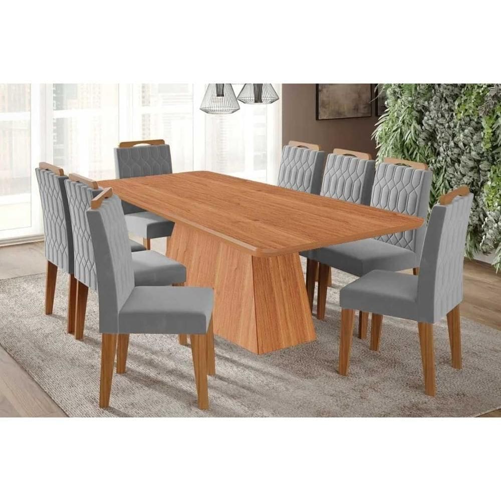 Sala De Jantar Completa Helena Tampo Madeirado 210x100cm E 8 Cadeiras Paola Cinamomo - Carvalho/linho Grafite - Cimol