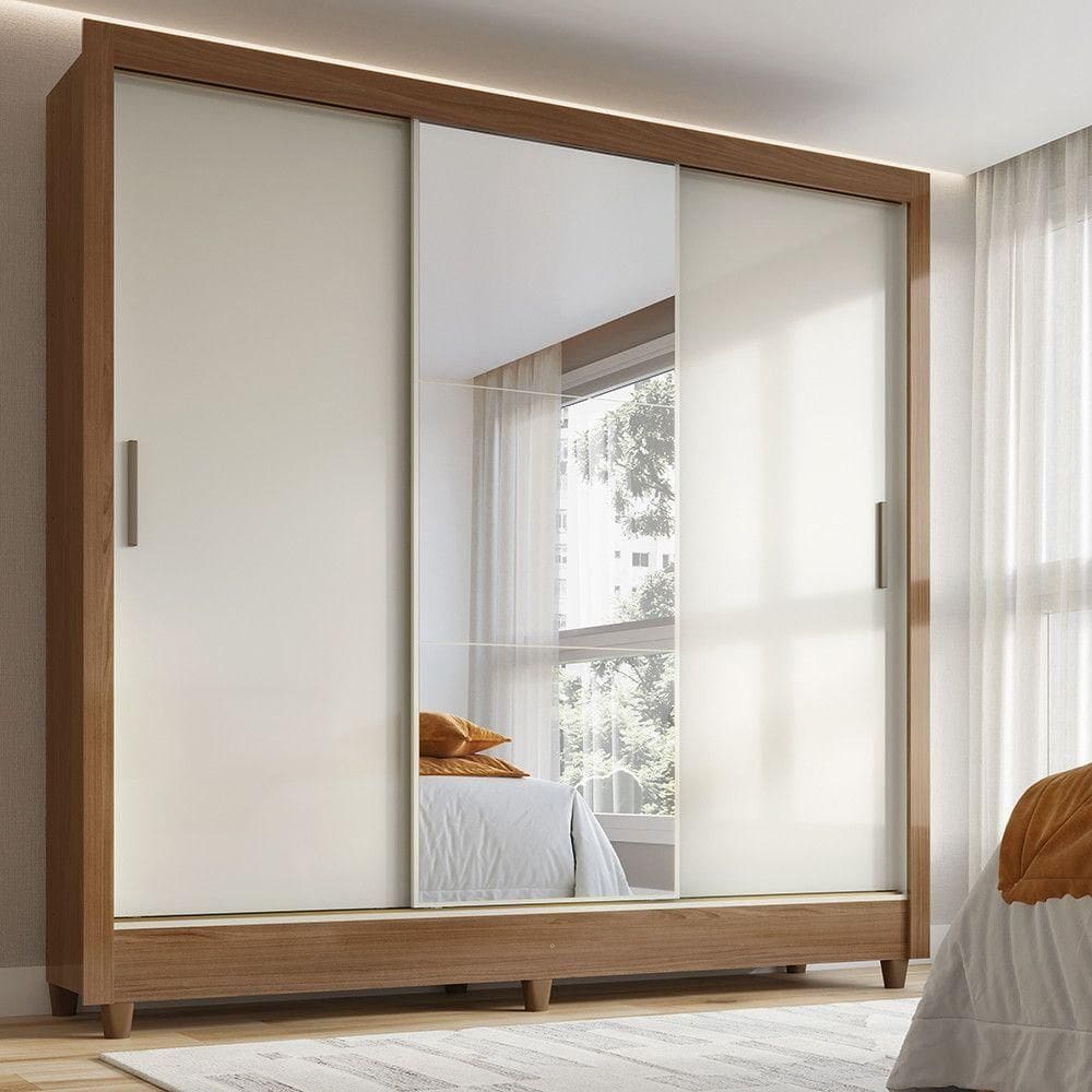 Guarda-roupa Casal 3 Portas De Correr Com Espelho Jequitiba/off White