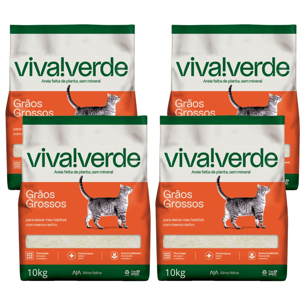 Kit Com 4 Areia Higienica Viva Verde Grãos Grossos 10kg