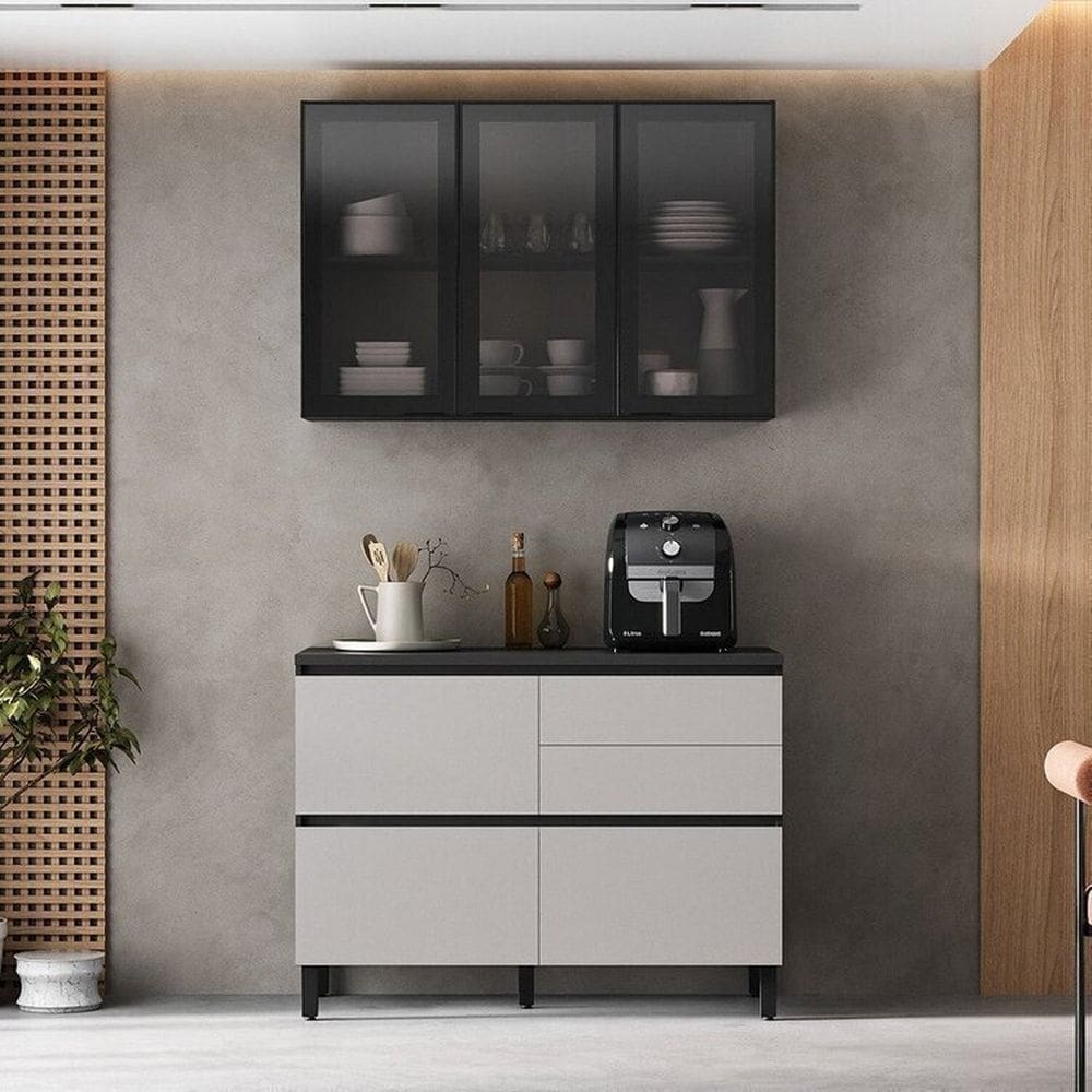 Cozinha Modulada 2 Peças 4 Portas 4 Gavetas Mdf Dodradiça Slow Motion Lúmina Itatiaia Grafite/Cinza