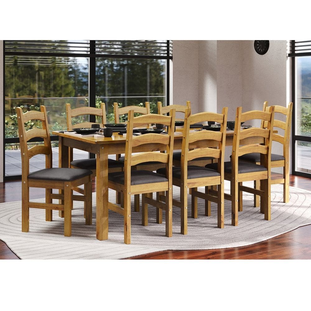 Conjunto com Mesa de Jantar 180cm e 8 Cadeiras Estofadas 100% Madeira Maciça Napoli Espresso Móveis Nogueira/Cinza
